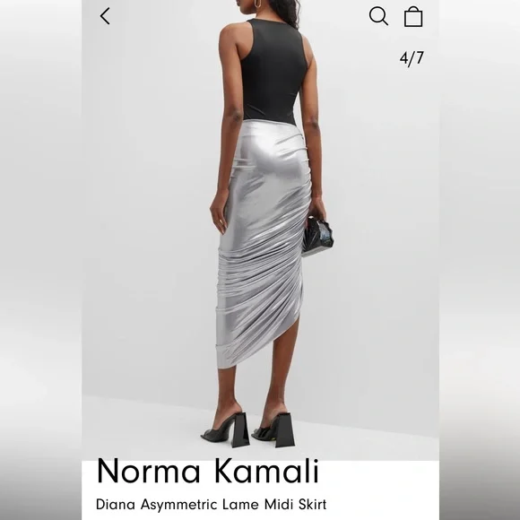 Norma Kamali NWT Diana shirred knee length skirt silver lame S. - Picture 2 of 6
